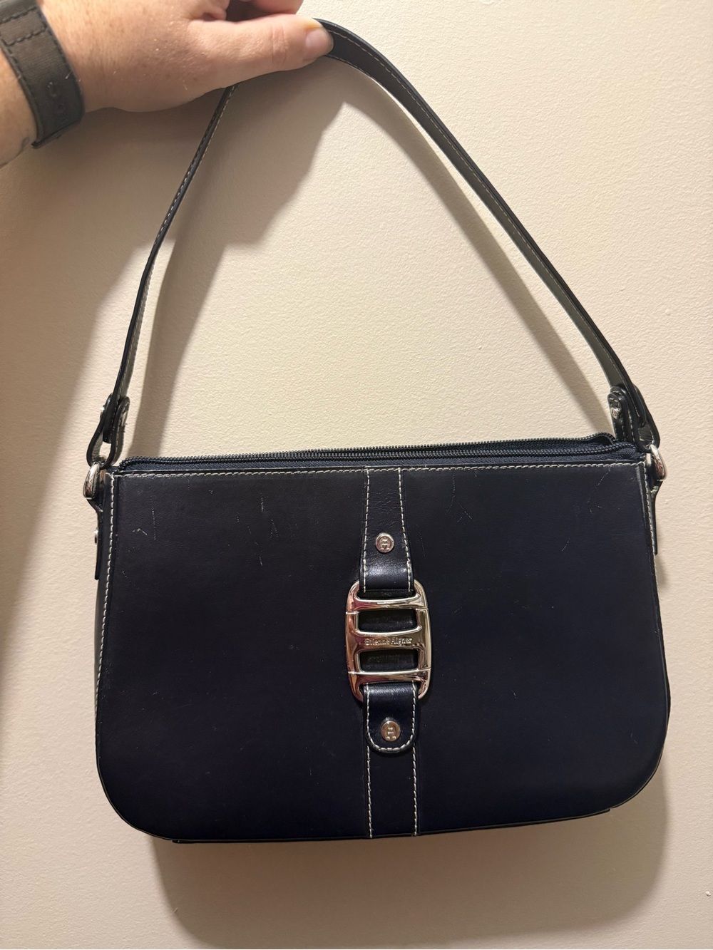 Etienne Aigner Navy Leather Shoulder Bag with Silver Buckle